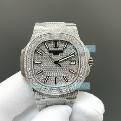 E7 Factory Luxury Clone Iced Out Patek Philippe Nautilus Swiss 324 Pave Diamond Dial Watch 